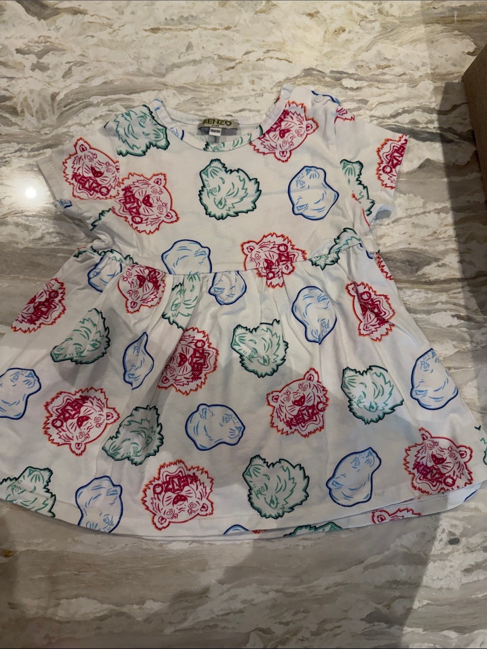 Kenzo White Short-Sleeve Dress with Red, Blue, and Green Tiger Prints Size-18M